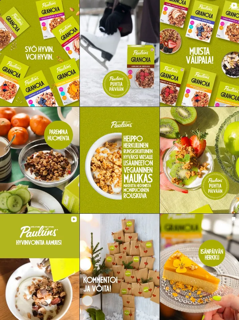 Paulúnsin Instagram-feed, jossa vihreä brändiväri toistuu julkaisusta toiseen