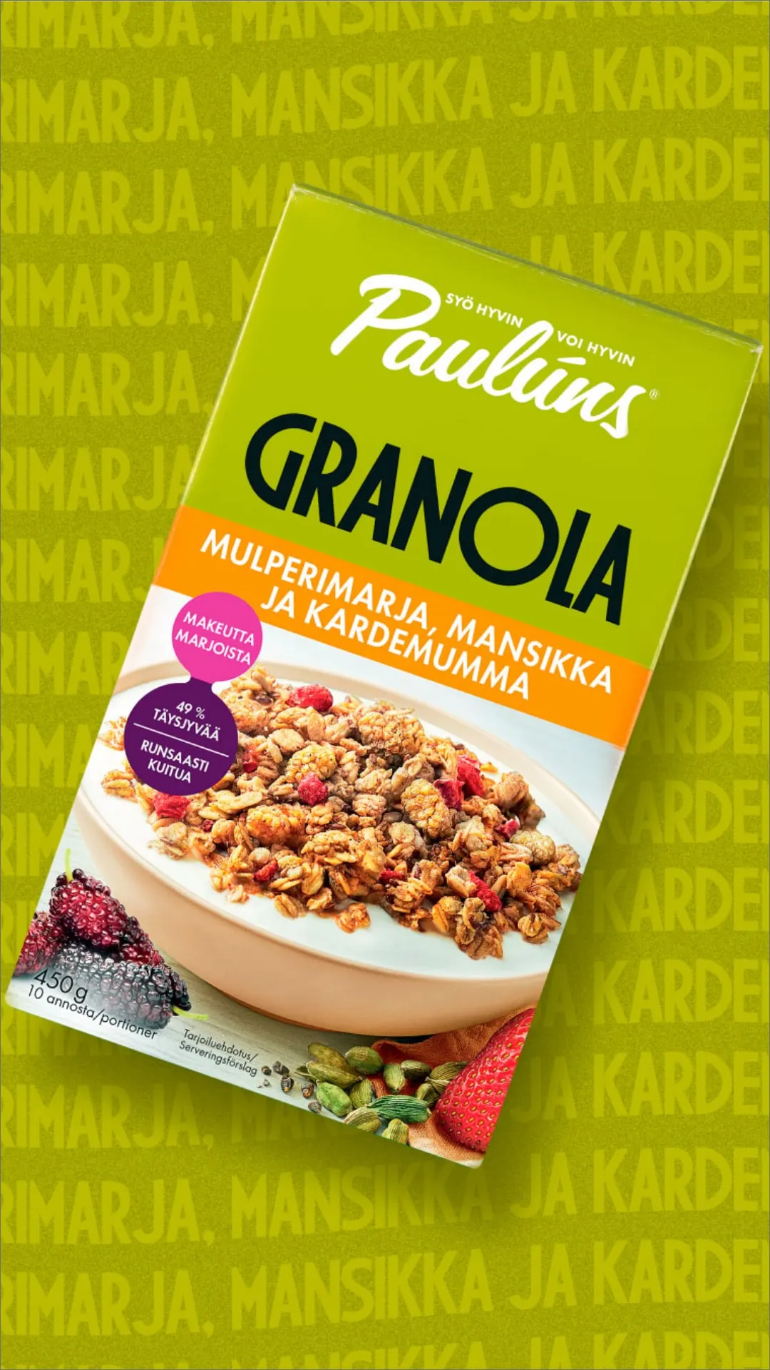 Paulúnsin mulperimarja-mansikka-kardemumma-granola vihreällä pohjalla