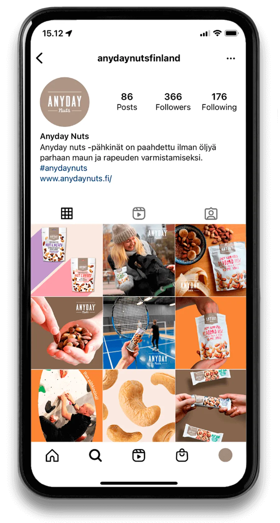 Puhelimessa Anyday Nutsin Instagram-profiili