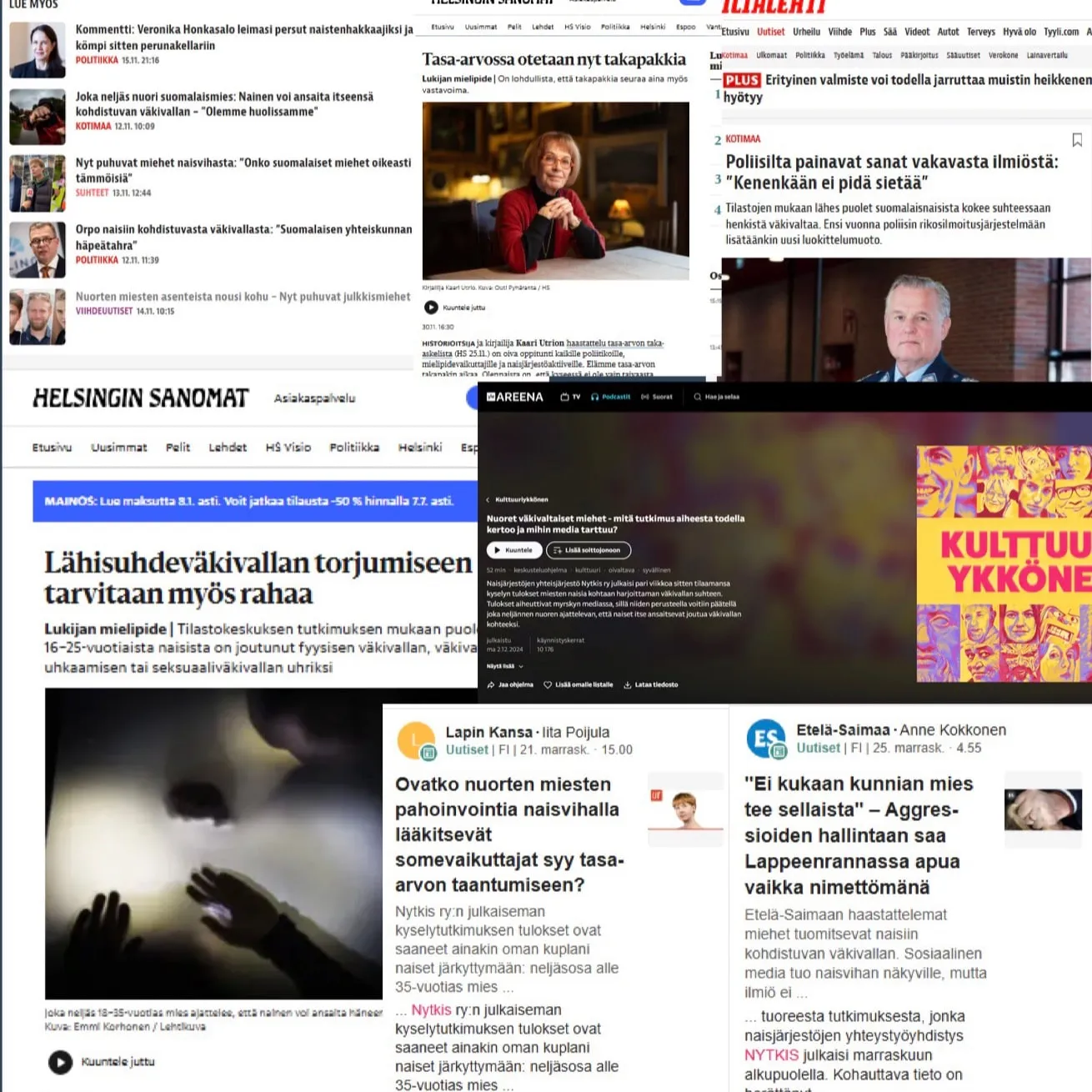 Kooste mediaosumista otsikolla Keskustelu tasa-arvotyöstä, resursseista, tutkimuksesta ja syistä: Helsingin Sanomat, Iltalehti, Yle Areena, Lapin Kansa ja Etelä-Saimaa