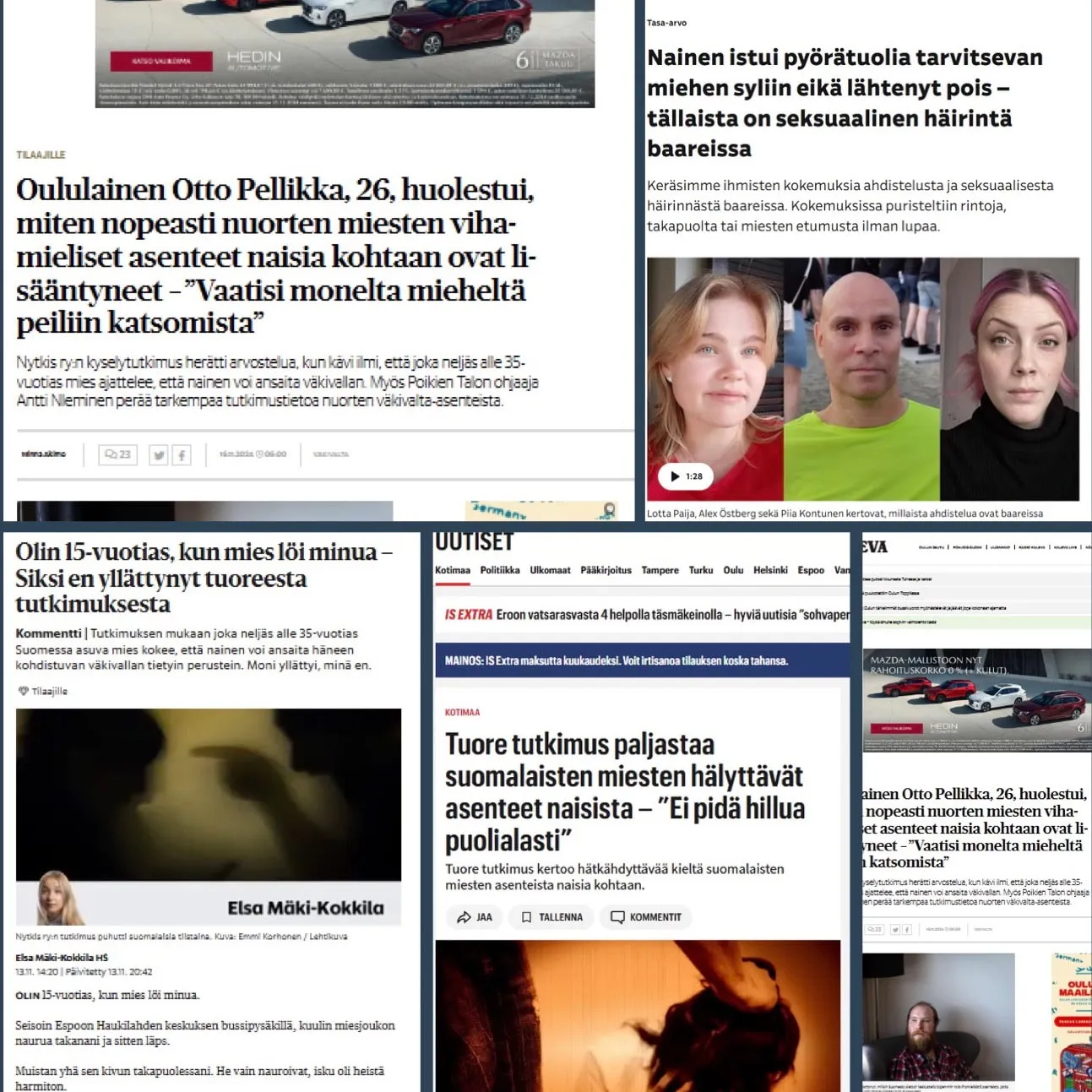 Mediaosumia väkivaltakeskustelusta: mm. "Tuore tutkimus paljastaa suomalaisten miesten hälyttävät asenteet naisista" ja "Olin 15-vuotias, kun mies löi minua – Siksi en yllättynyt tuoreesta tutkimuksesta"