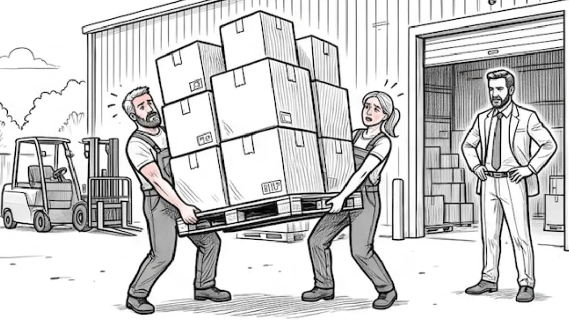 A storyboard sketch of two workers carrying a heavy pallet while a supervisor watches in the background
