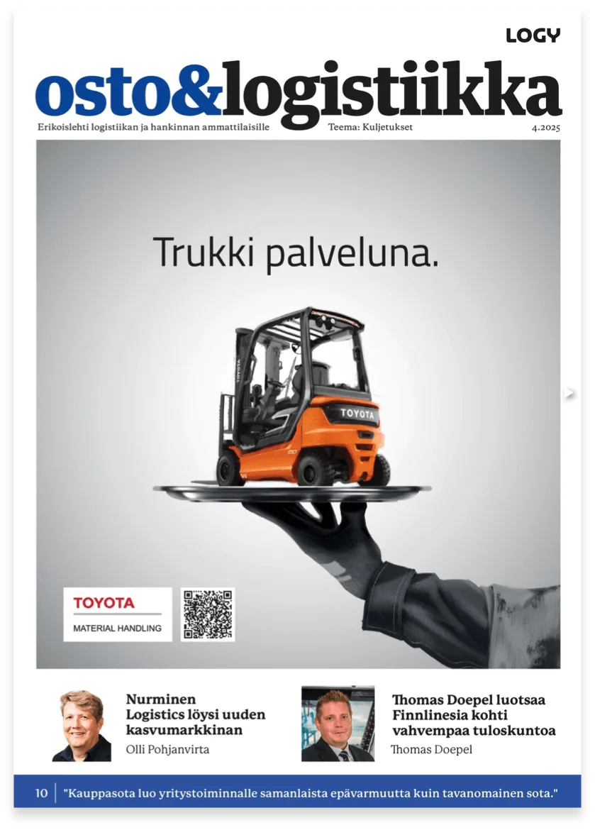 The cover of Osto & Logistiikka magazine with Toyota’s Trucks as a service ad