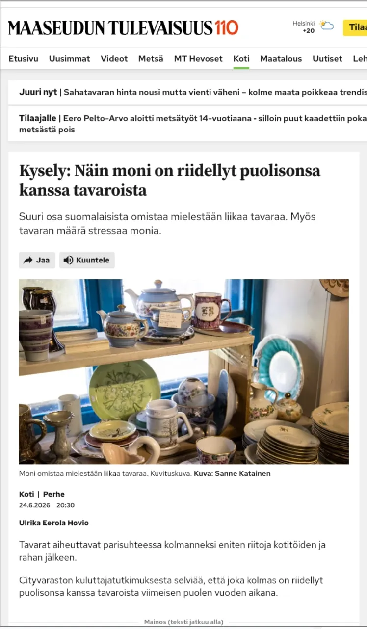 Maaseudun Tulevaisuuden verkkouutinen "Kysely: Näin moni on riidellyt puolisonsa kanssa tavaroista"