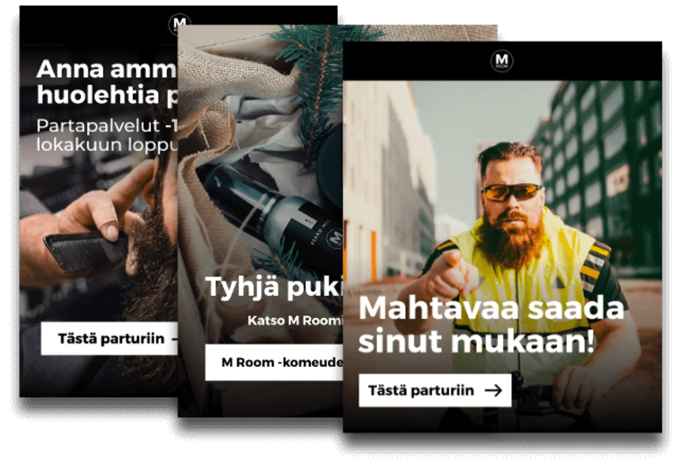 M Room social ads, such as ”Great to have you with us!”
