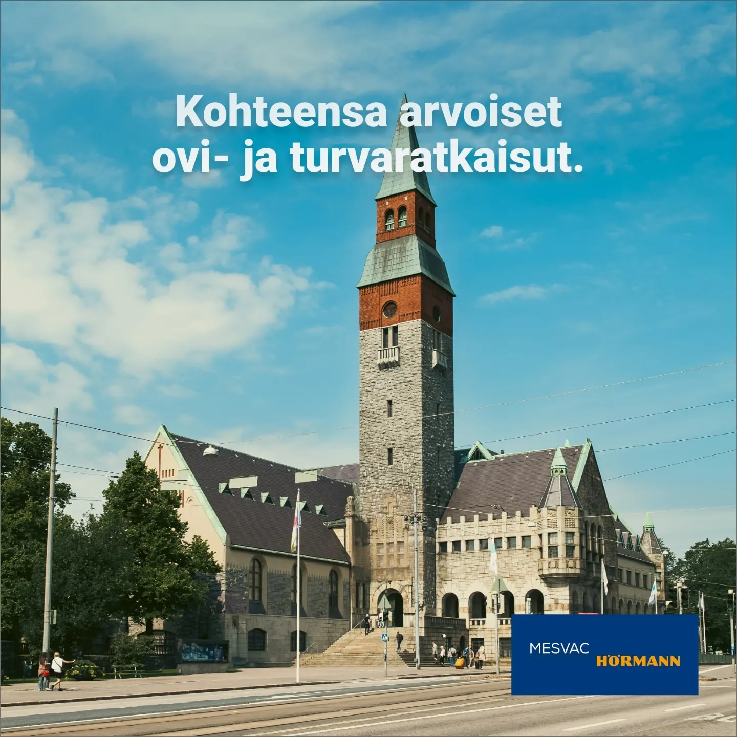 The granite tower and facade of the National Museum against a blue sky, with the ad line Door and safety solutions worthy of their site