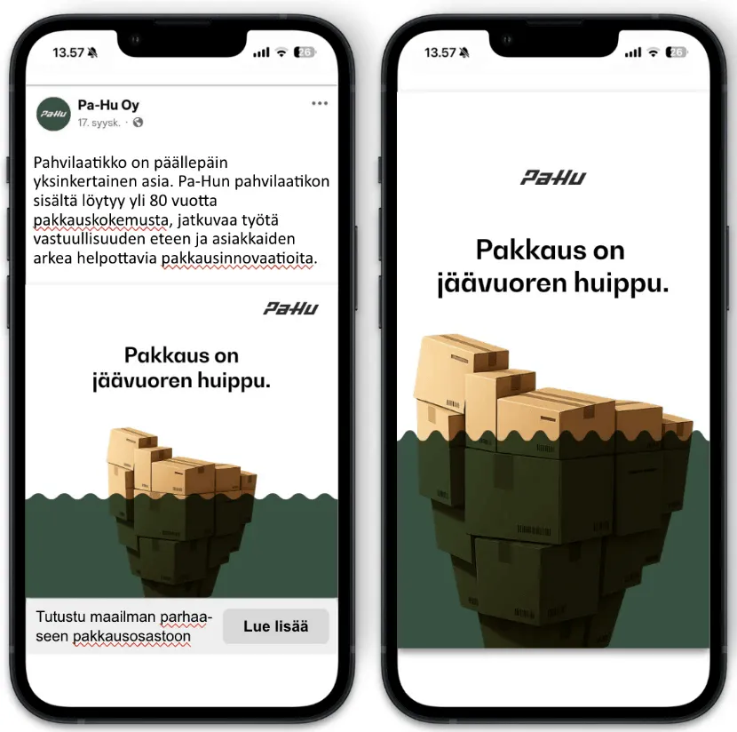 Kaksi puhelinta, joissa Pa-Hun Facebook-mainos ja koko ruudun versio pahvilaatikoista jäävuoren muotoon pinottuna