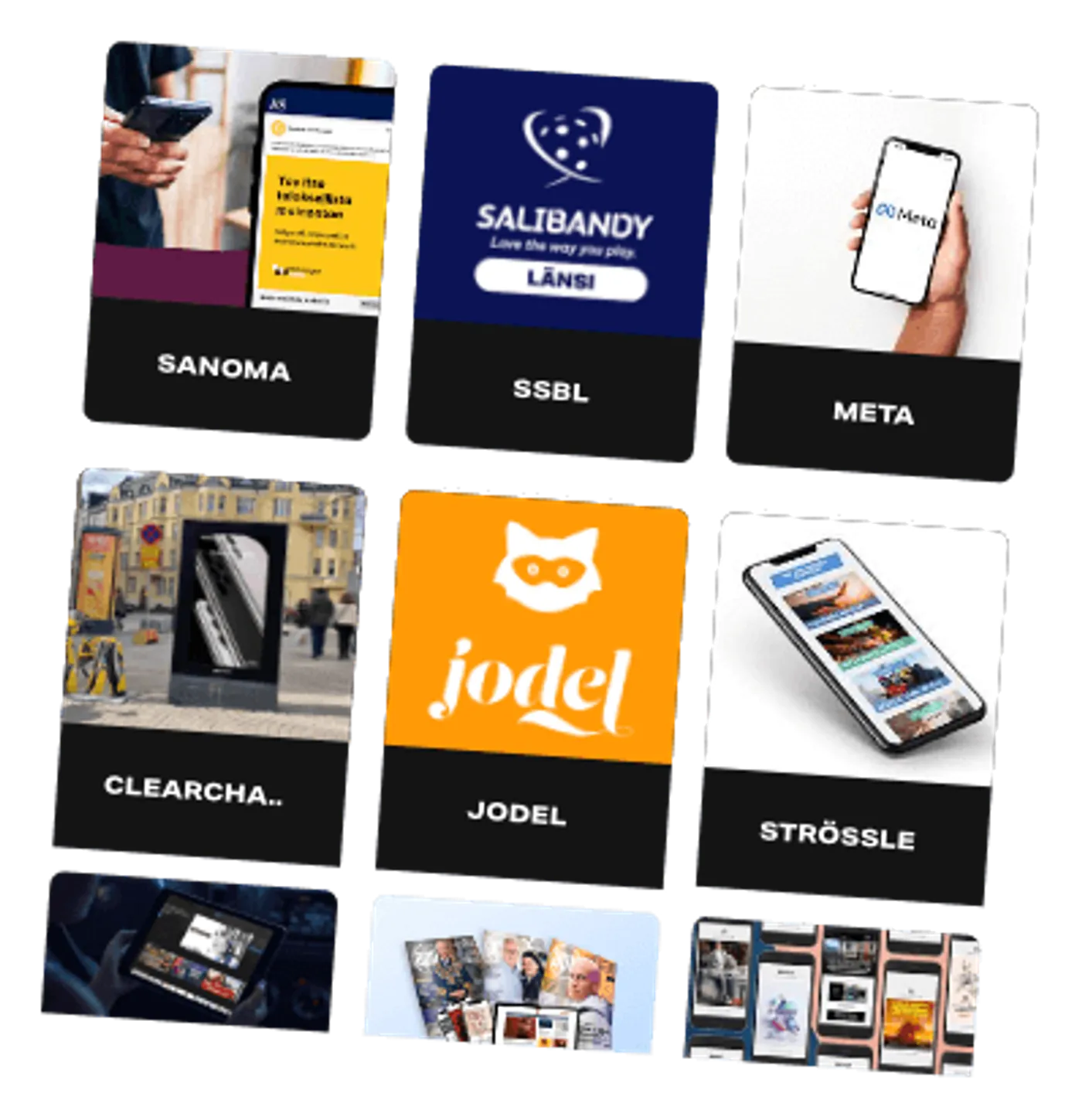 A collage of media and channels, such as Meta, Jodel and outdoor advertising