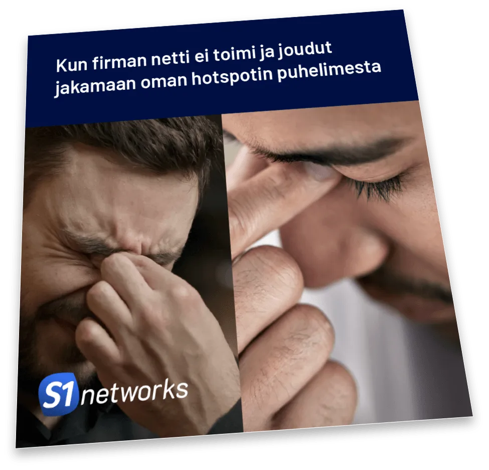 S1 Networksin meemi, jossa kaksi turhautunutta ihmistä ja teksti ”Kun firman netti ei toimi ja joudut jakamaan oman hotspotin puhelimesta”