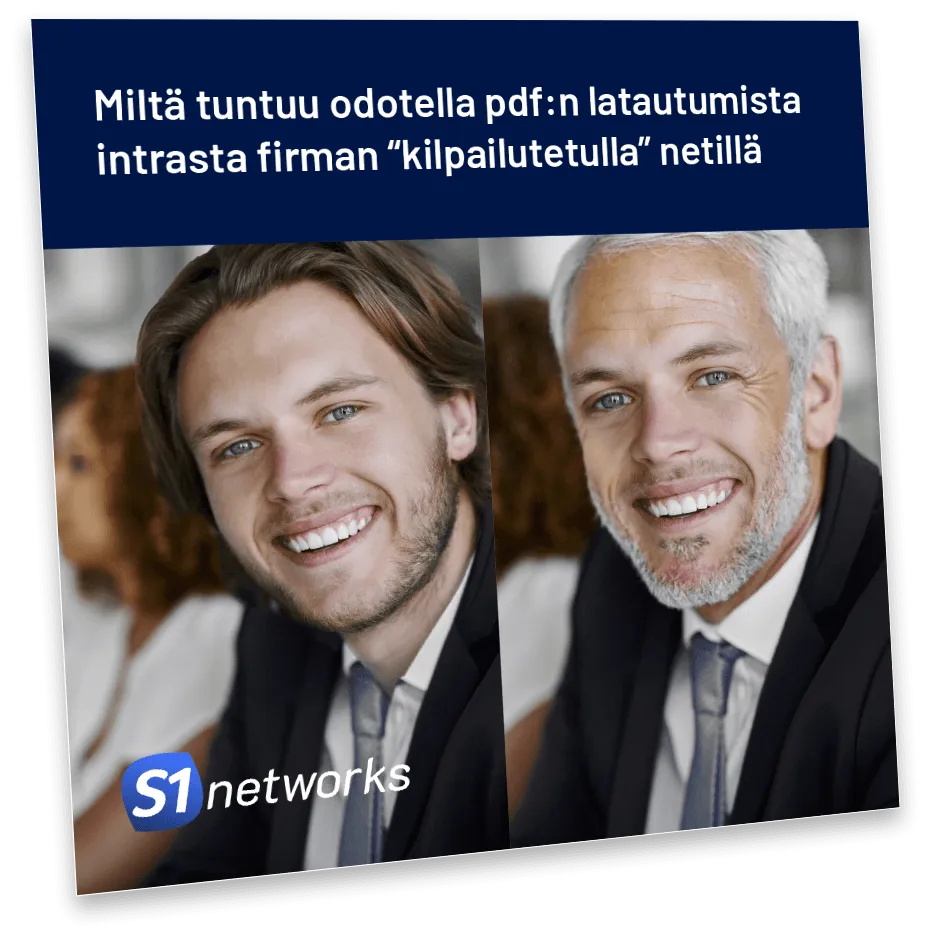 S1 Networksin meemi, jossa kaksi miestä hymyilee väkinäisesti ja teksti ”Miltä tuntuu odotella pdf:n latautumista intrasta firman kilpailutetulla netillä”
