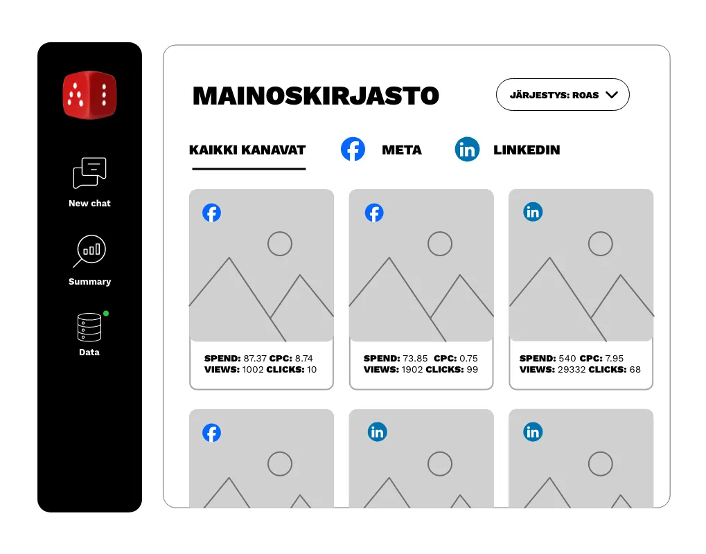 Dicen mainoskirjasto: käynnissä olevat mainokset kaikista kanavista