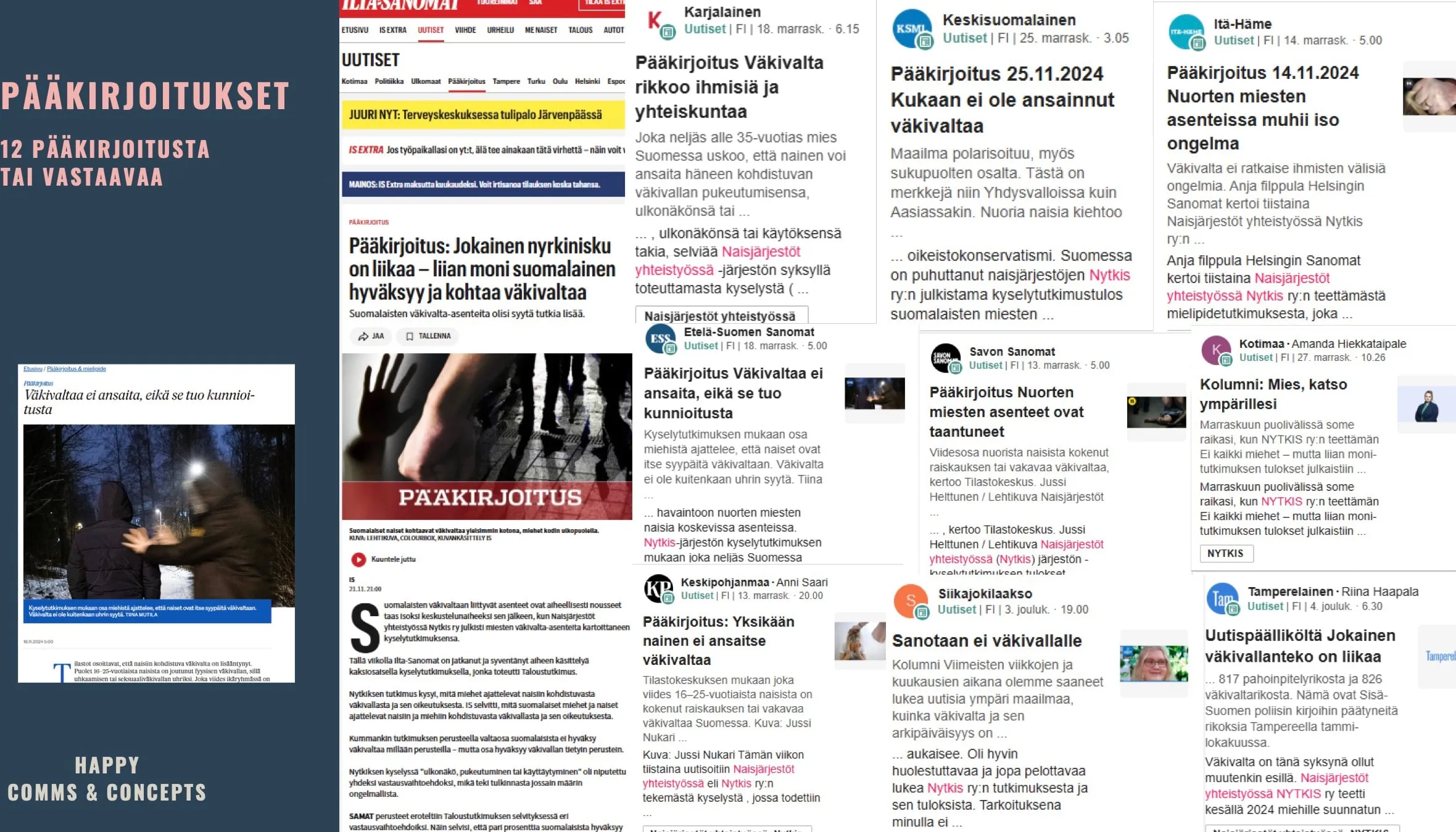 Kooste 12 pääkirjoituksesta ja kolumnista, mm. Ilta-Sanomat "Jokainen nyrkinisku on liikaa", Keskisuomalainen "Kukaan ei ole ansainnut väkivaltaa" ja Itä-Häme "Nuorten miesten asenteissa muhii iso ongelma"