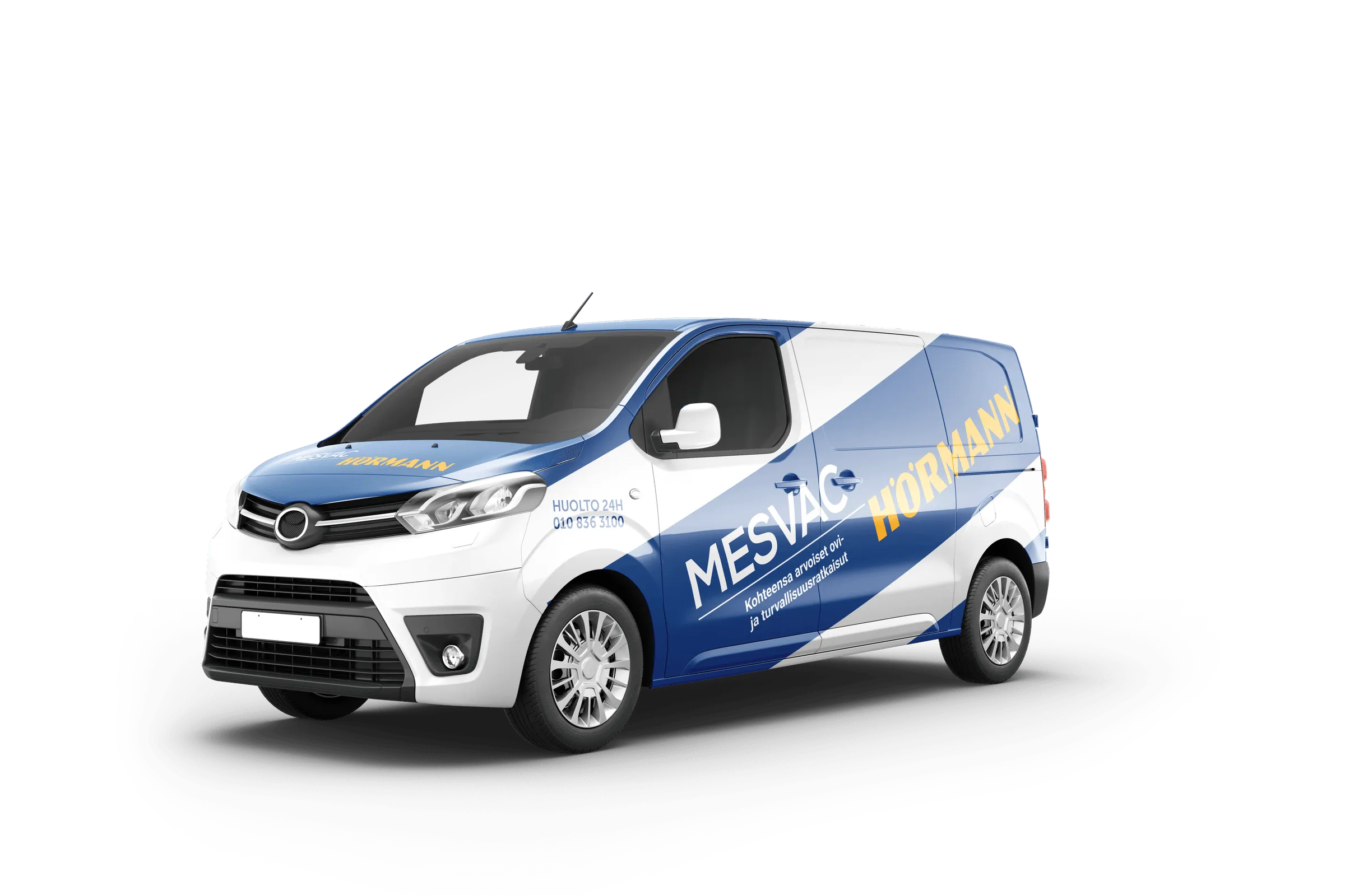 Mesvac Hörmannin teipattu pakettiauto mustaa taustaa vasten