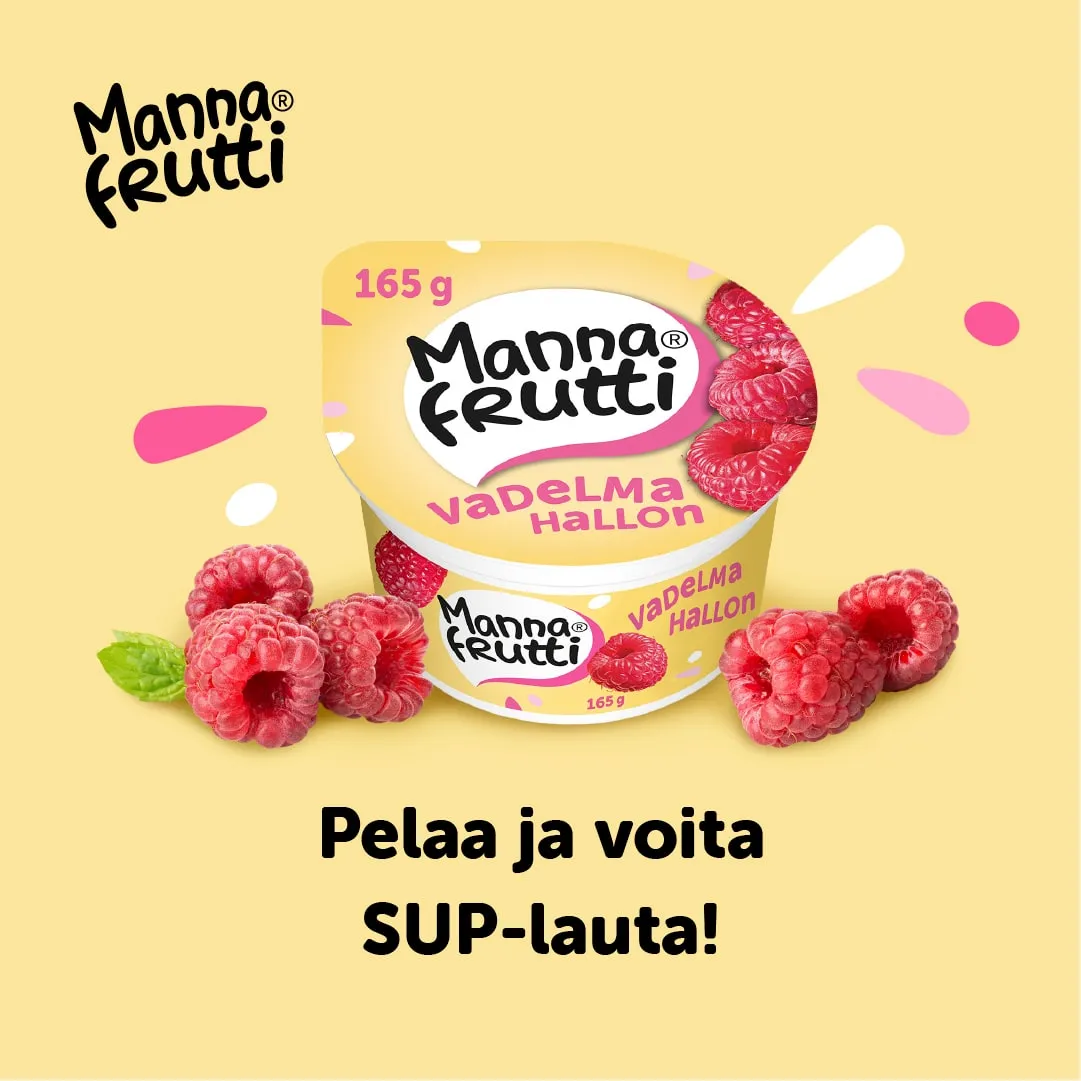 Mannafrutti-mainos, jossa vadelmia ja teksti ”Pelaa ja voita SUP-lauta!”