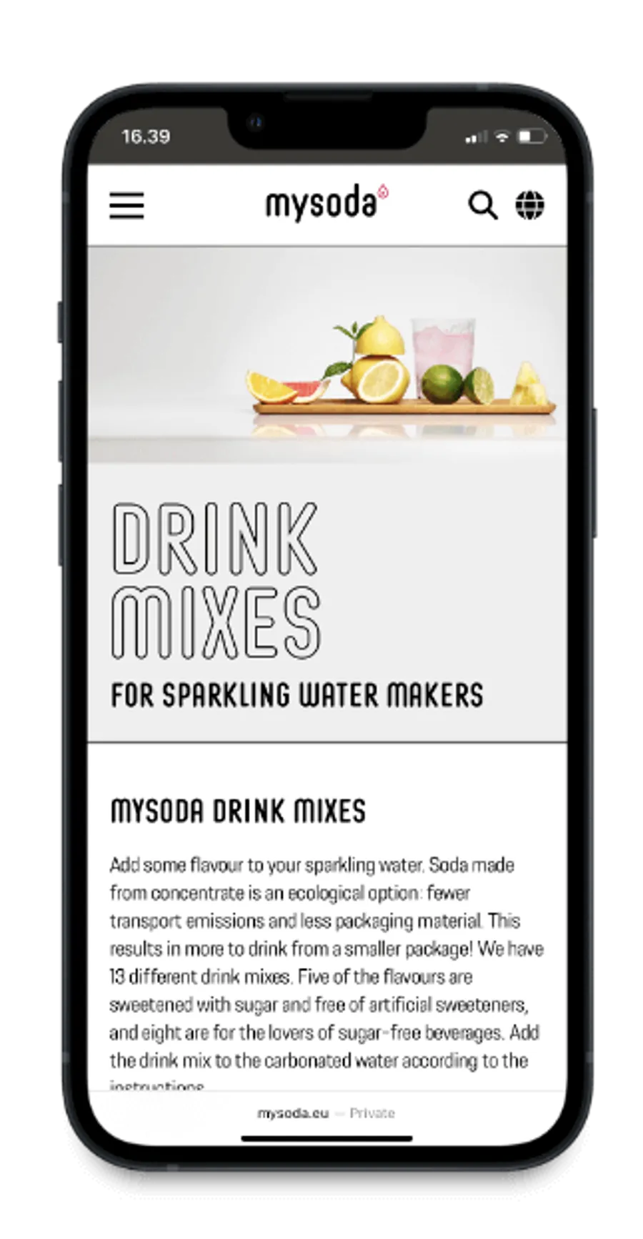 The Mysoda.eu website on a phone