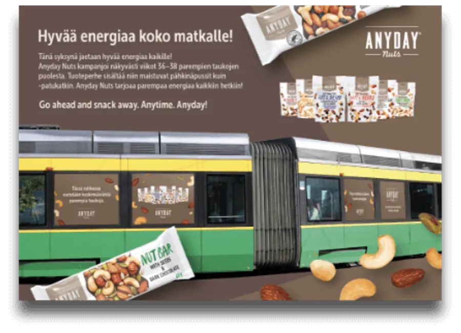 Anyday Nuts -mainos raitiovaunun kyljessä