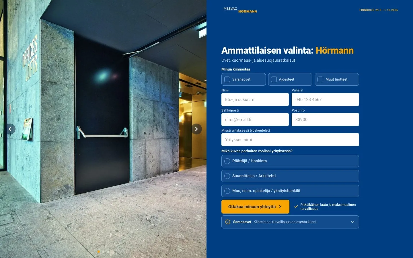 Mesvac Hörmann landing page: a door photo and a contact form