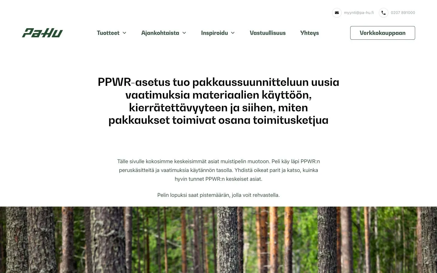 Pa-Hu PPWR landing page: heading and an introduction to the memory game