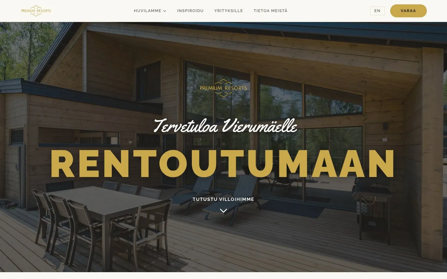Premium Resorts home page: a villa terrace and the heading Rentoutumaan (to relax)
