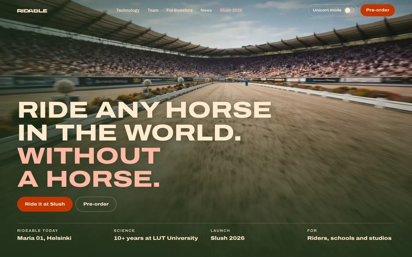 Ridable home page: a riding arena and the heading Ride any horse in the world. Without a horse.