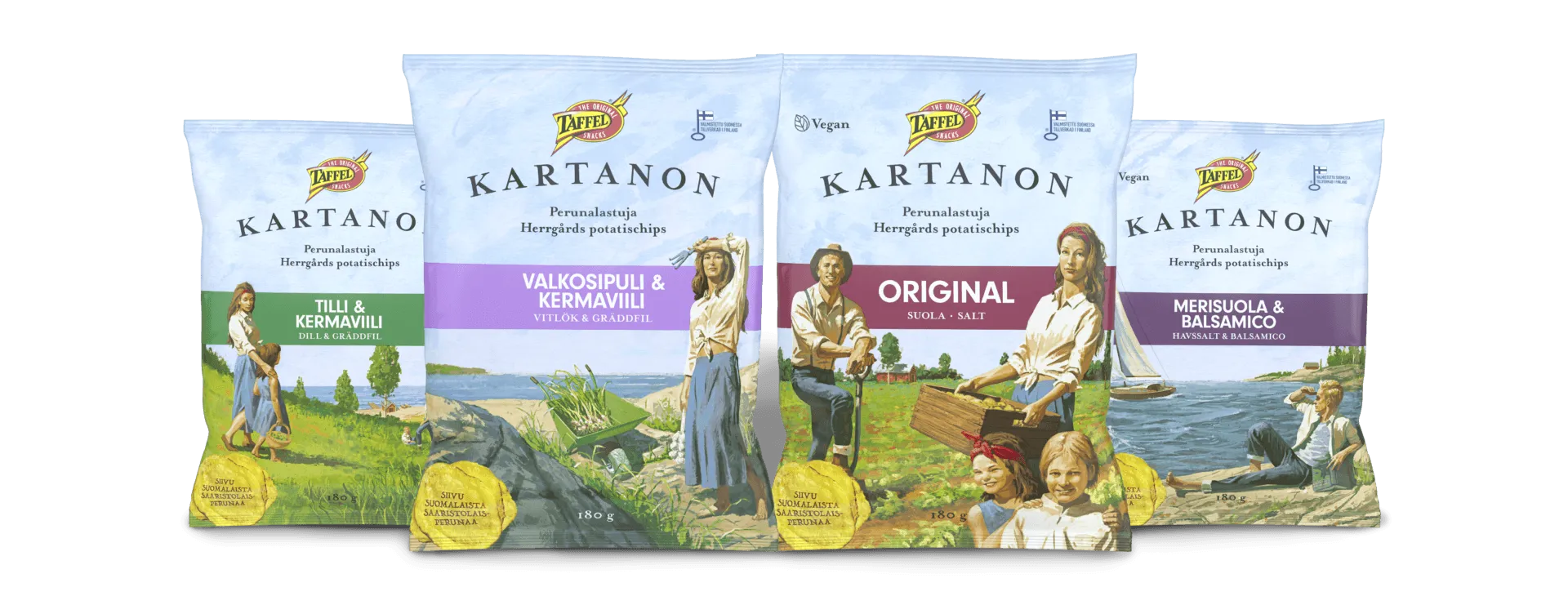 Kartanon-sipsipusseja eri makuina rivissä
