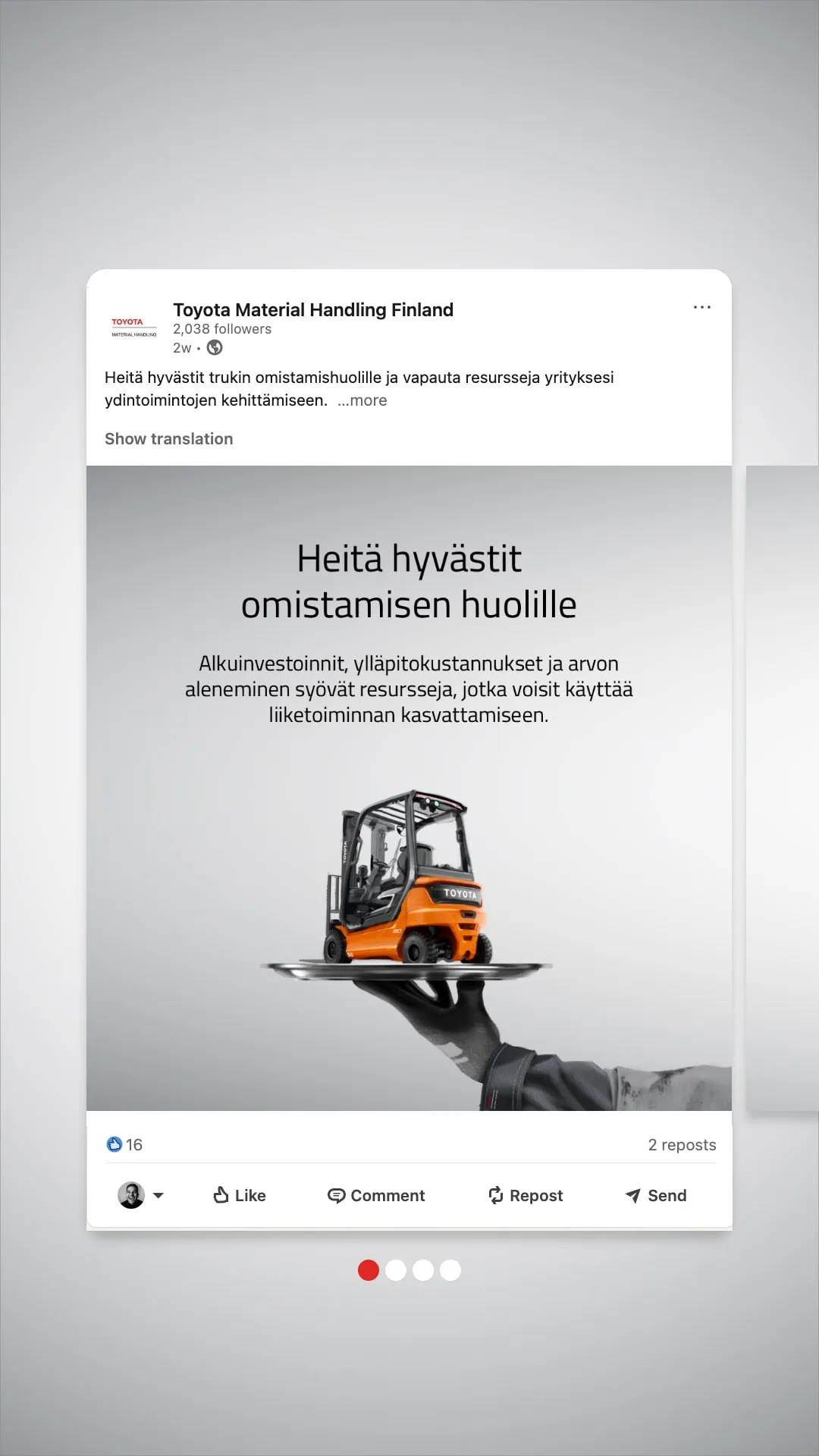 A LinkedIn ad showing a gloved hand carrying a forklift on a serving tray, with the line ”Say goodbye to the hassle of ownership”