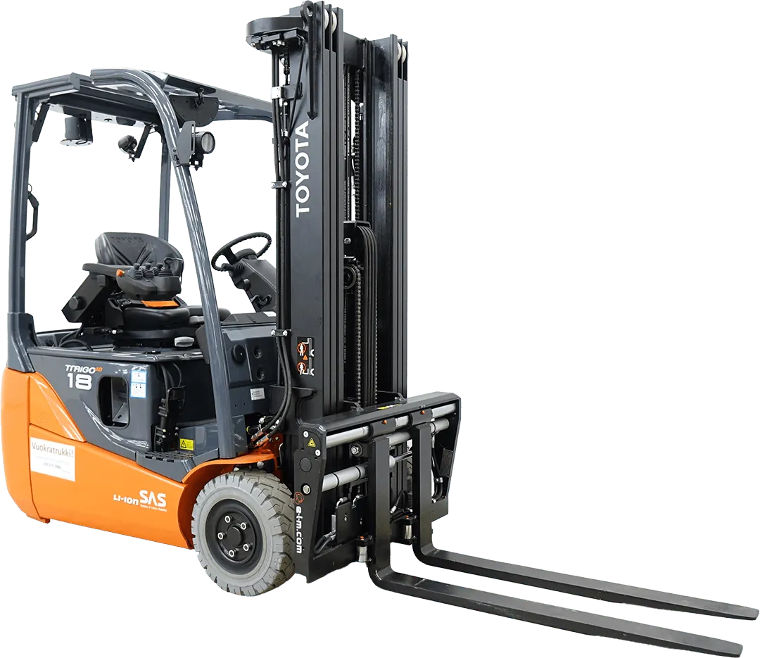 Toyota’s orange Traigo 18 electric forklift from the front