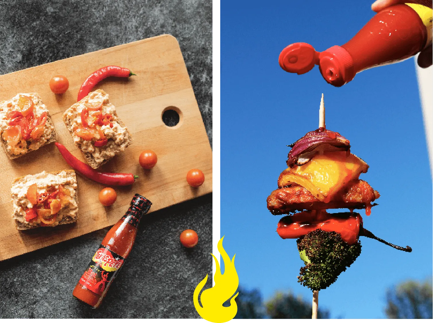 Kaksi Texas Pete -tuotekuvaa, leivät chilien kanssa leikkuulaudalla ja grillivarras kastikepullon alla