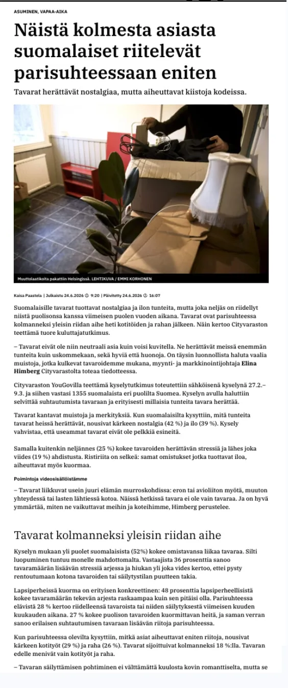 Verkkouutisten uutinen "Näistä kolmesta asiasta suomalaiset riitelevät parisuhteessaan eniten", kuvassa muuttolaatikoita