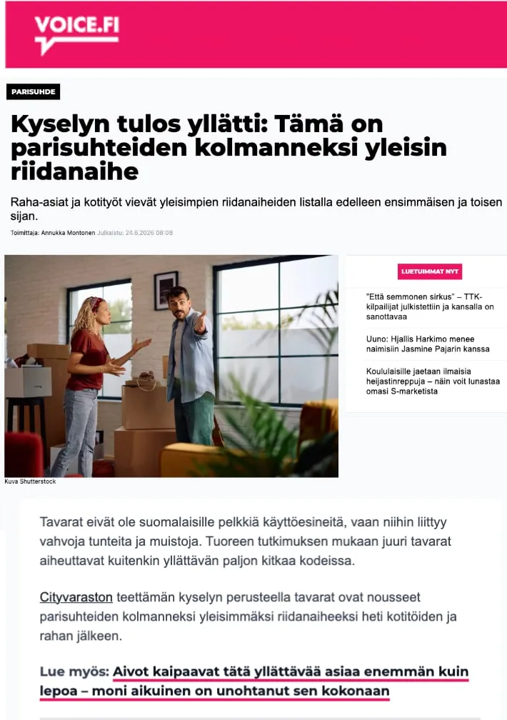 Voice.fi:n verkkouutinen "Kyselyn tulos yllätti: Tämä on parisuhteiden kolmanneksi yleisin riidanaihe"